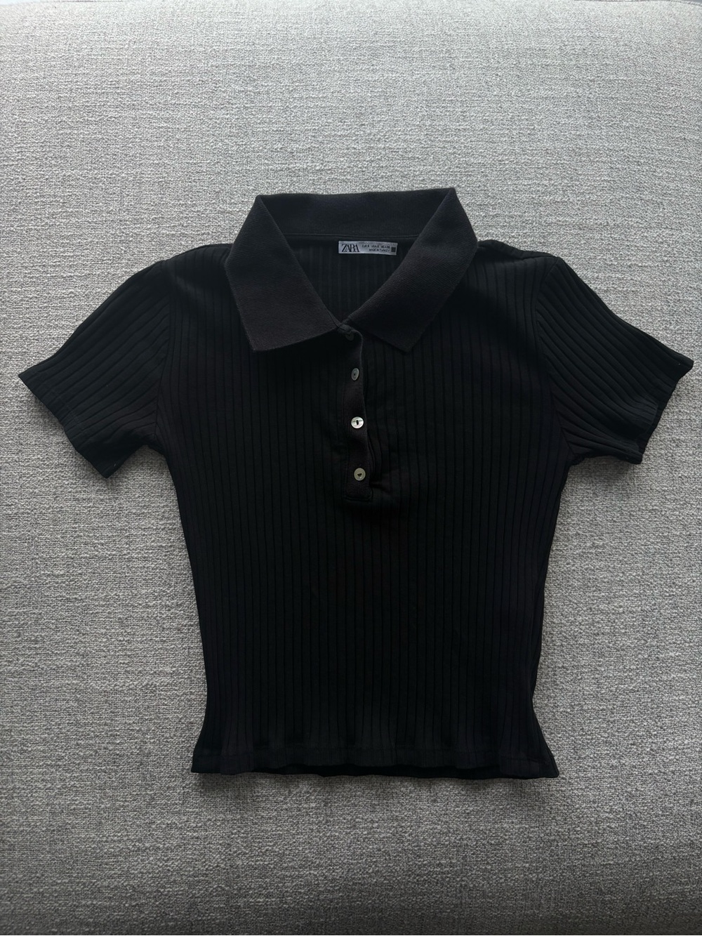 Zara Black Ribbed Polo Button-Front Top